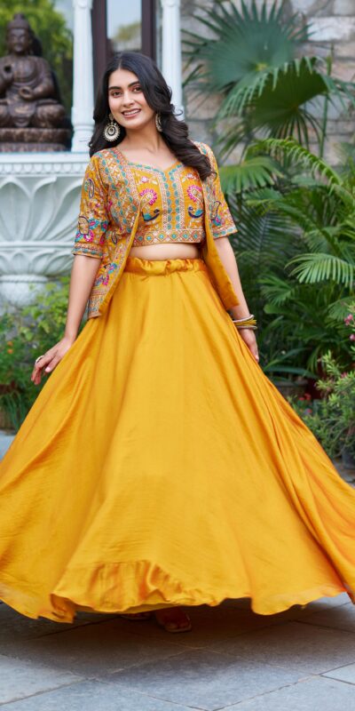 Mustered Vichitra Embroidery Thread Work Lehenga Choli