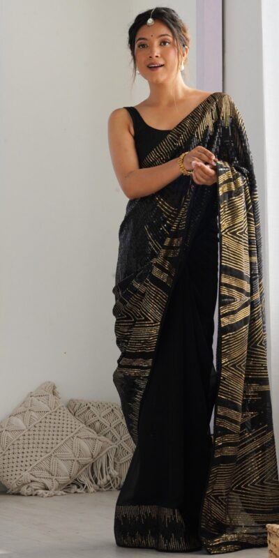 Black Georgette Sequence Lace Work Saree