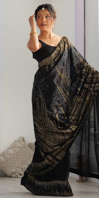 Black Georgette Sequence Lace Work Saree