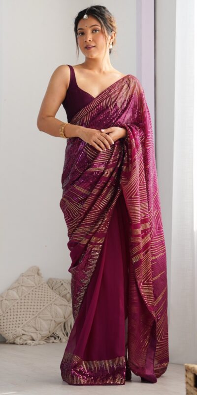 Wine Georgette Sequence Lace Work Saree