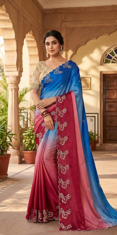 Pink Chinon Embroidery Work Saree
