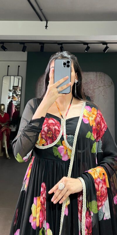 Black Chiffon Floral Print Lace Work Gown