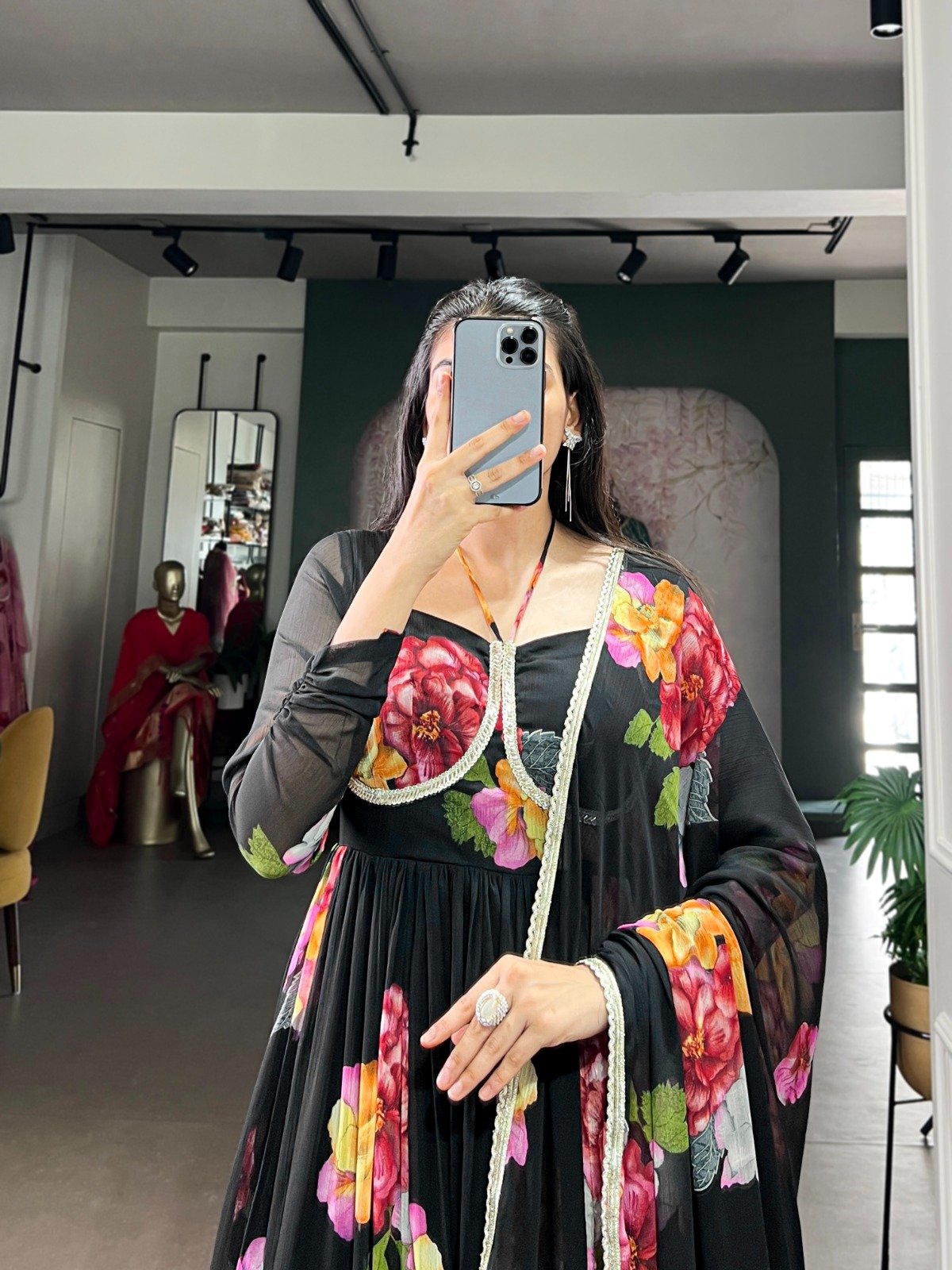 Black Chiffon Floral Print Lace Work Gown