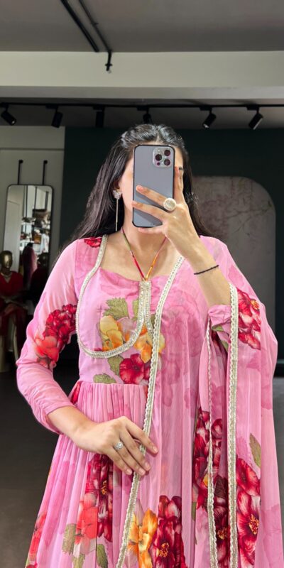 Pink Chiffon Floral Print Lace Work Gown