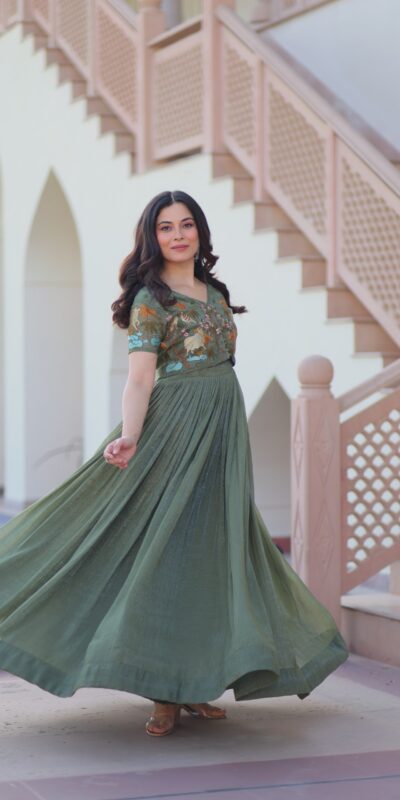 Dark Pista Silver Crunchy Embroidery Work Gown