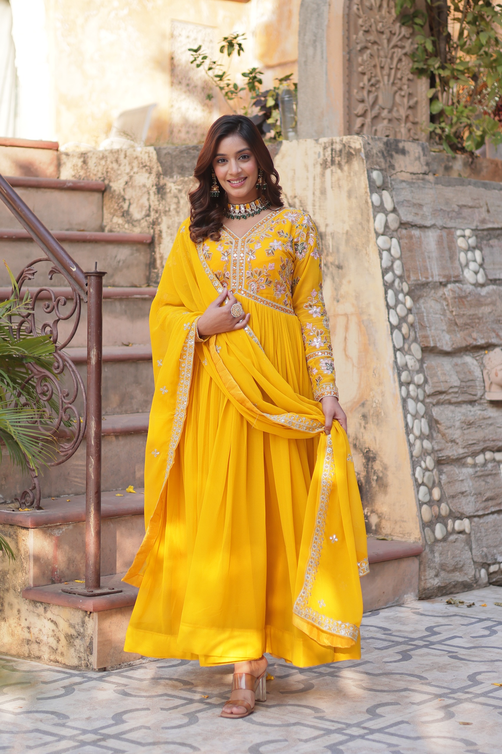 Yellow Faux Blooming Embroidery Zari Work Gown - Image 5