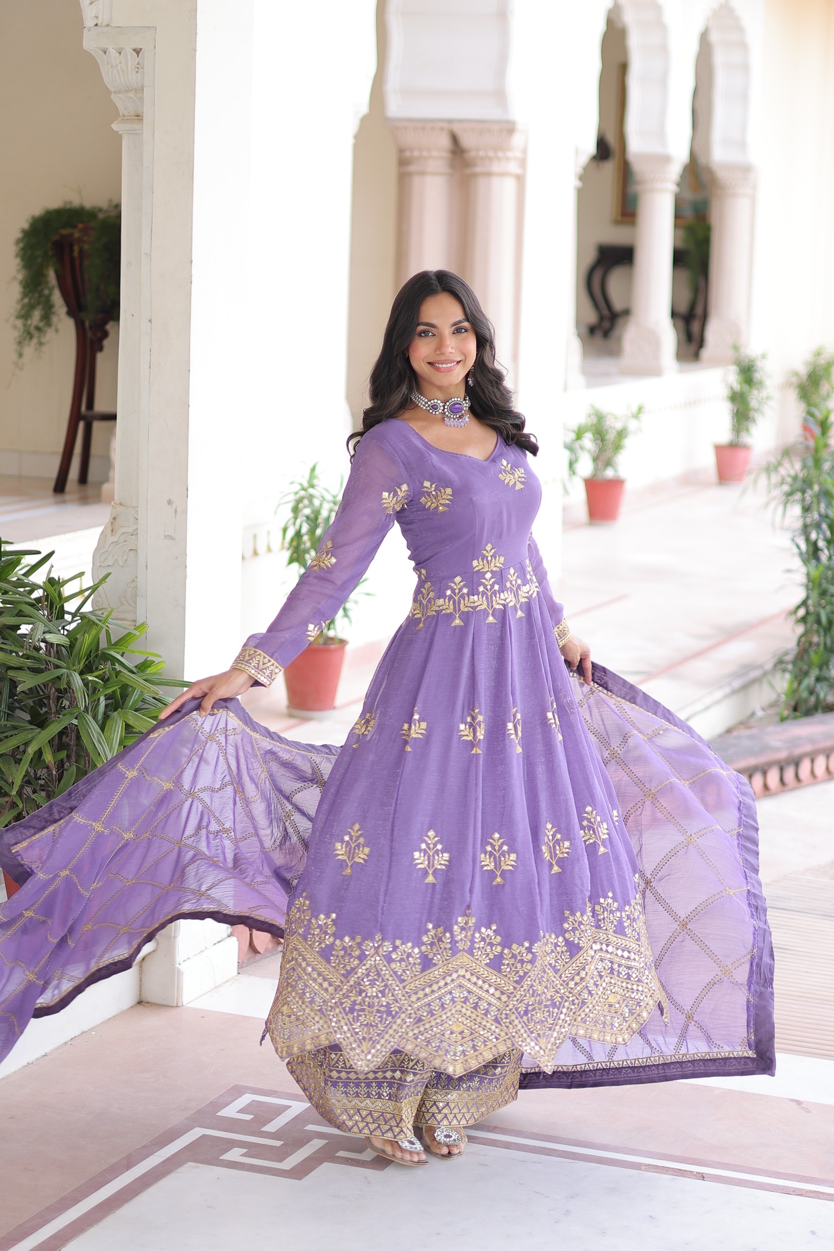 Lavender Silver Crunchy Sequins Work Embroidery Gown - Image 4