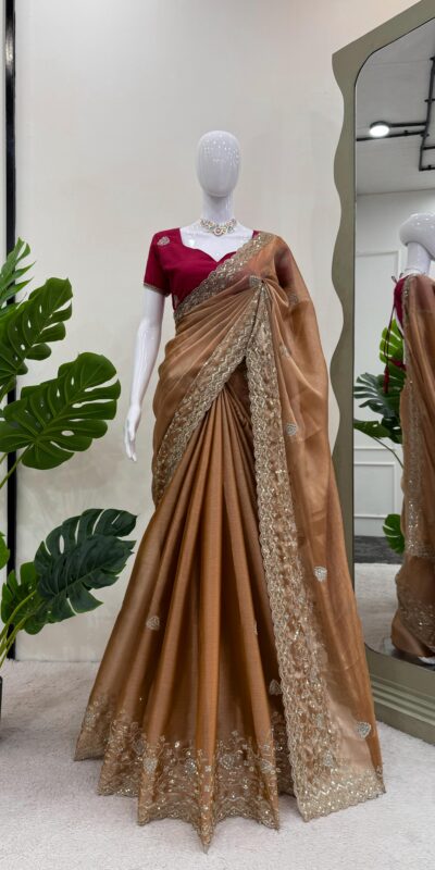Brown Burberry Silk Sequence Work Saree