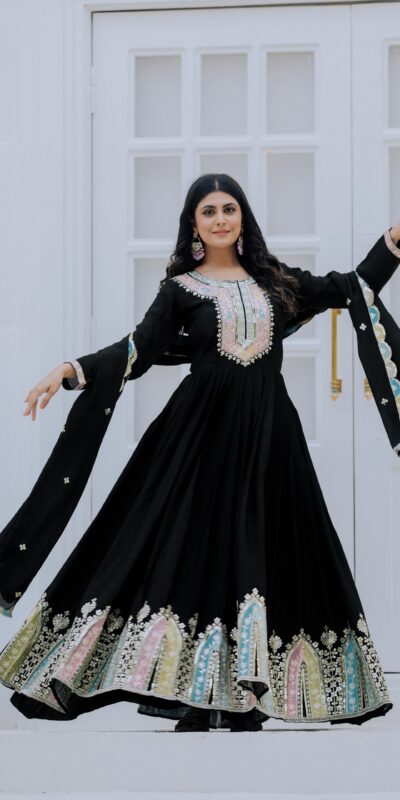 Black Chinon Silk Embroidery Work Salwar Suit