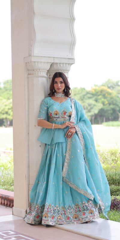 Sky Blue Gold Crush Embroidery Zari Work Lehenga Choli