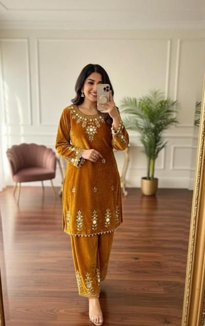 Mustered Velvet Embroidery Mirror Work Salwar Suit