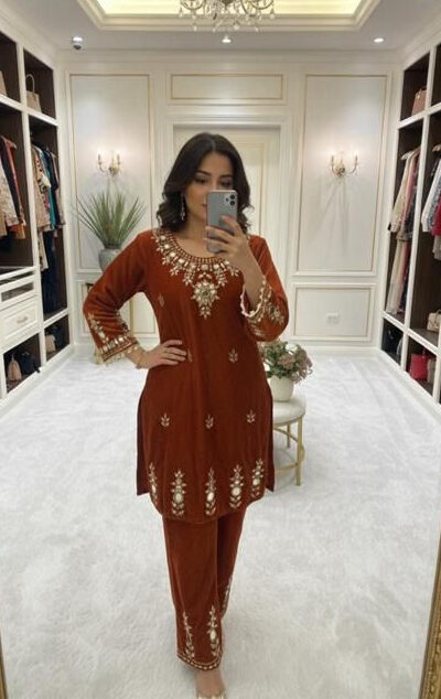 Rust Velvet Embroidery Mirror Work Salwar Suit