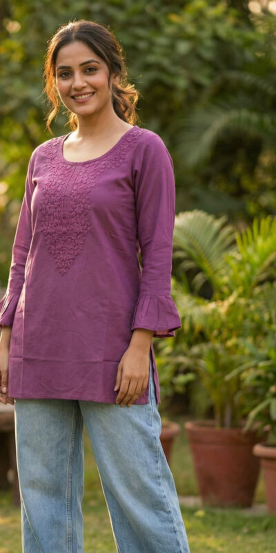 Lavender Rayon Chikan Work Kurti