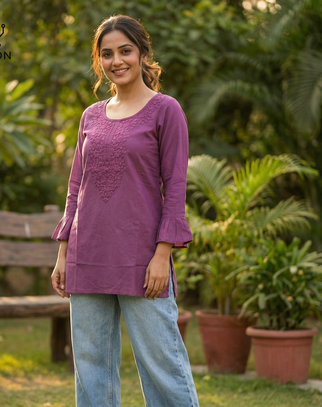 Lavender Rayon Chikan Work Kurti