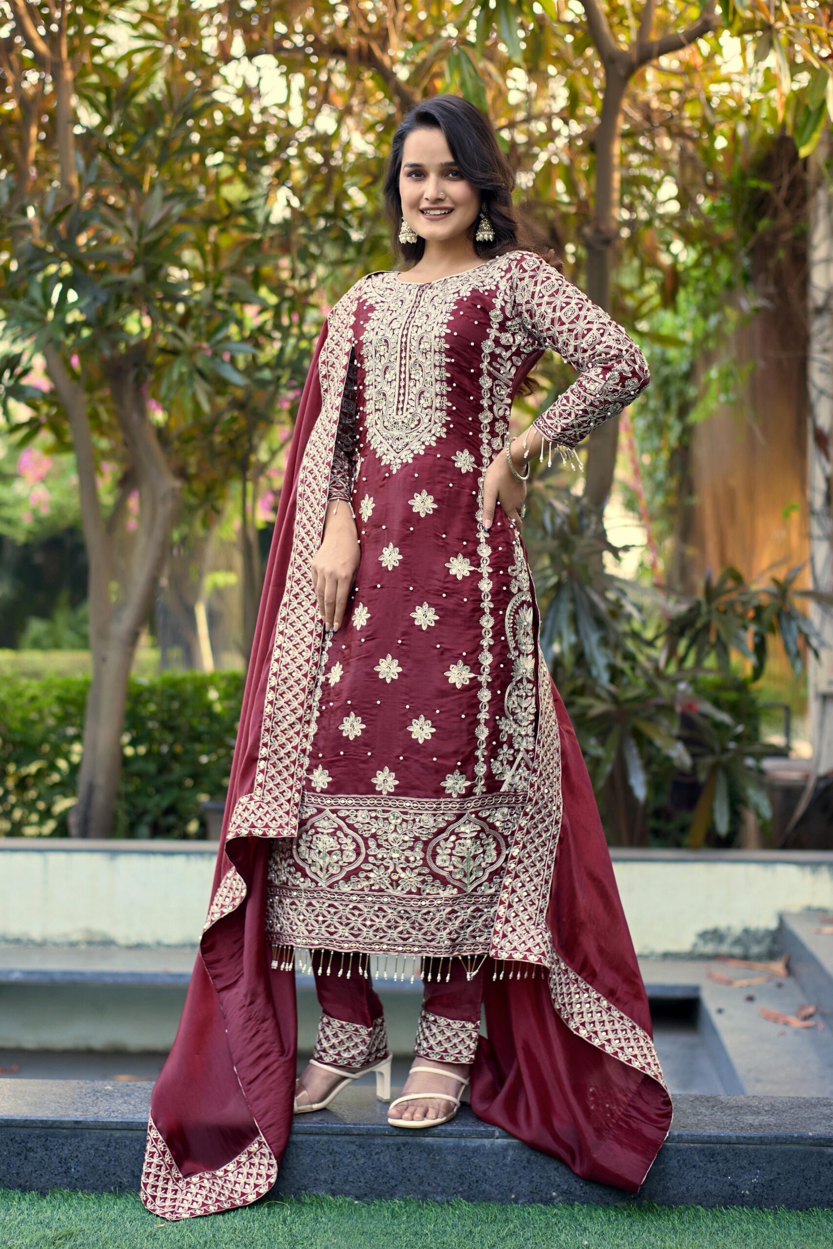 Maroon Organza Silk Embroidery Work Salwar Suit