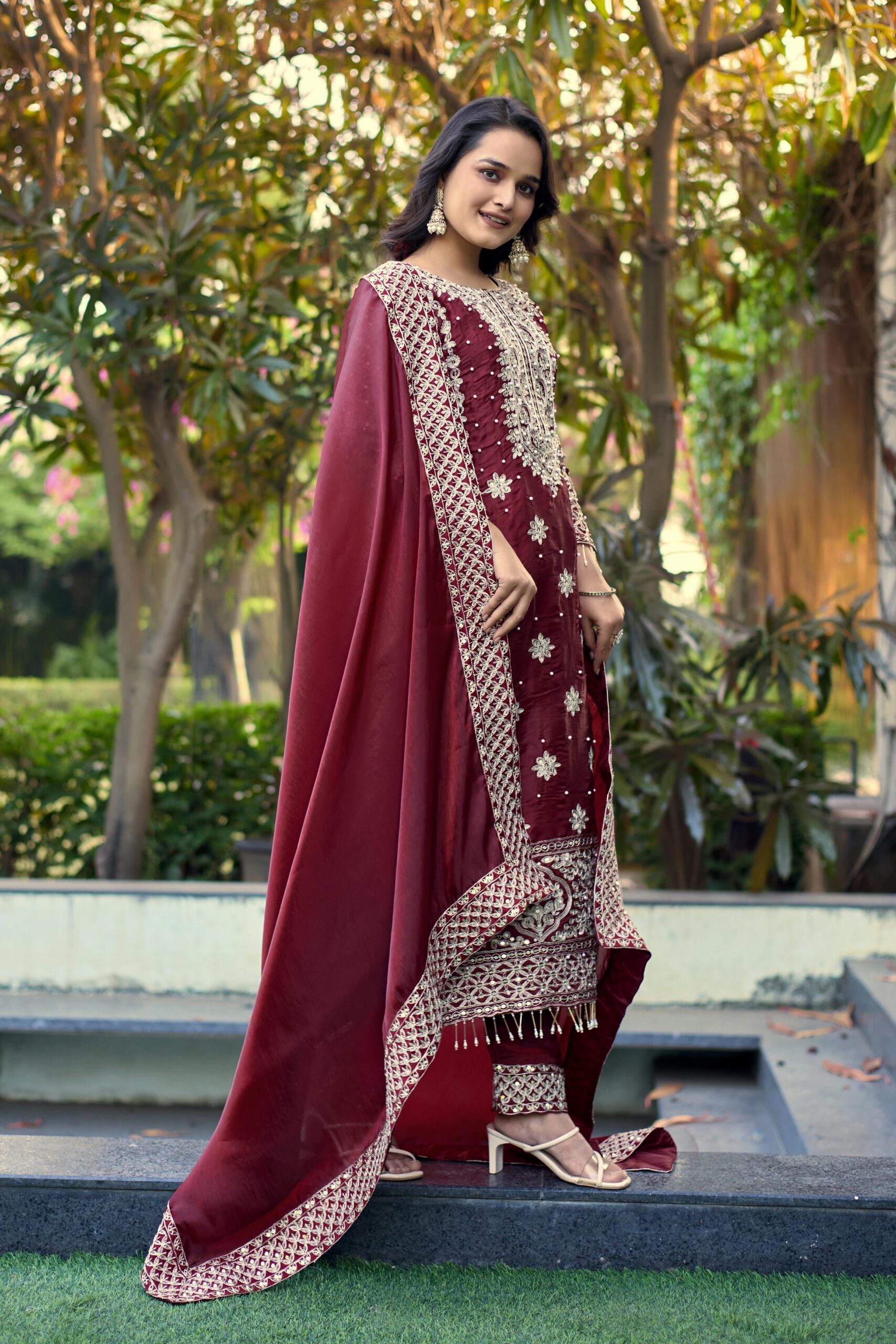 Maroon Organza Silk Embroidery Work Salwar Suit - Image 4