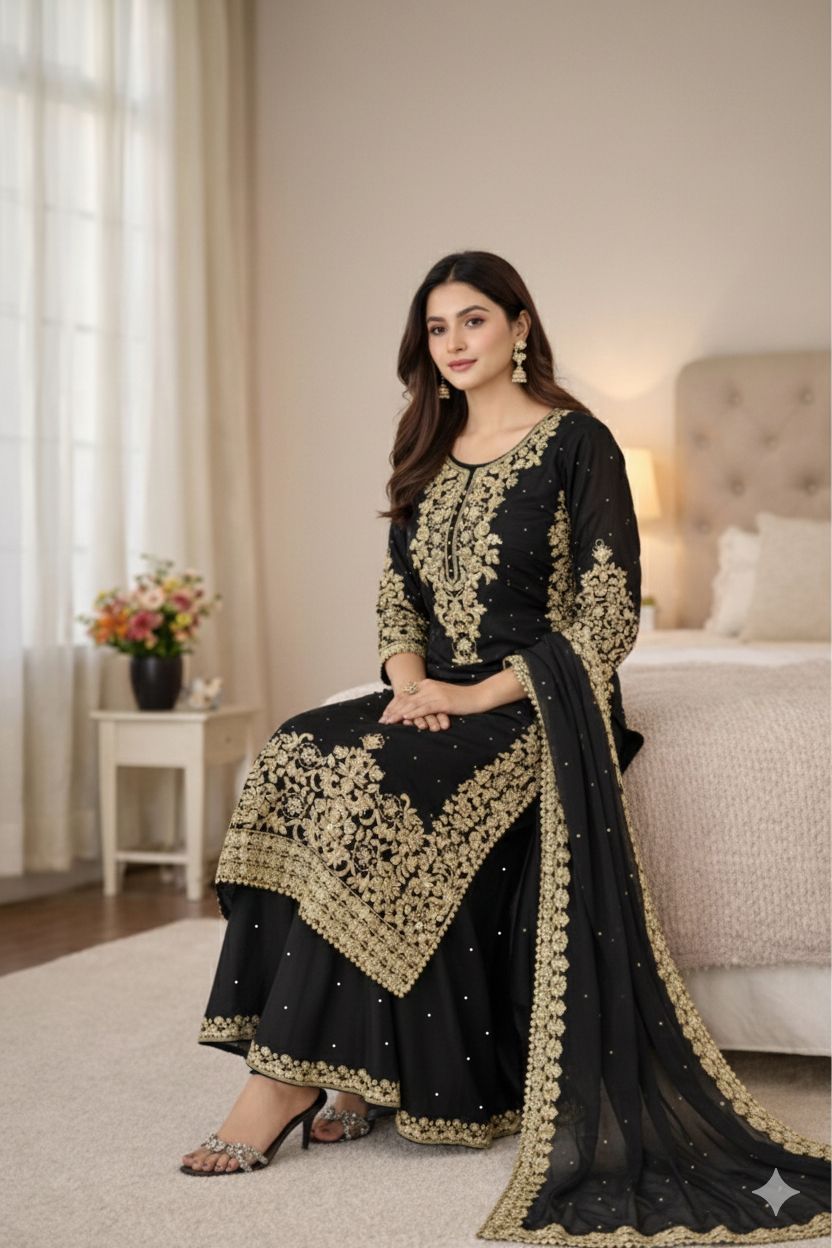 Black Organza Silk Embroidery Work Salwar Suit - Image 2