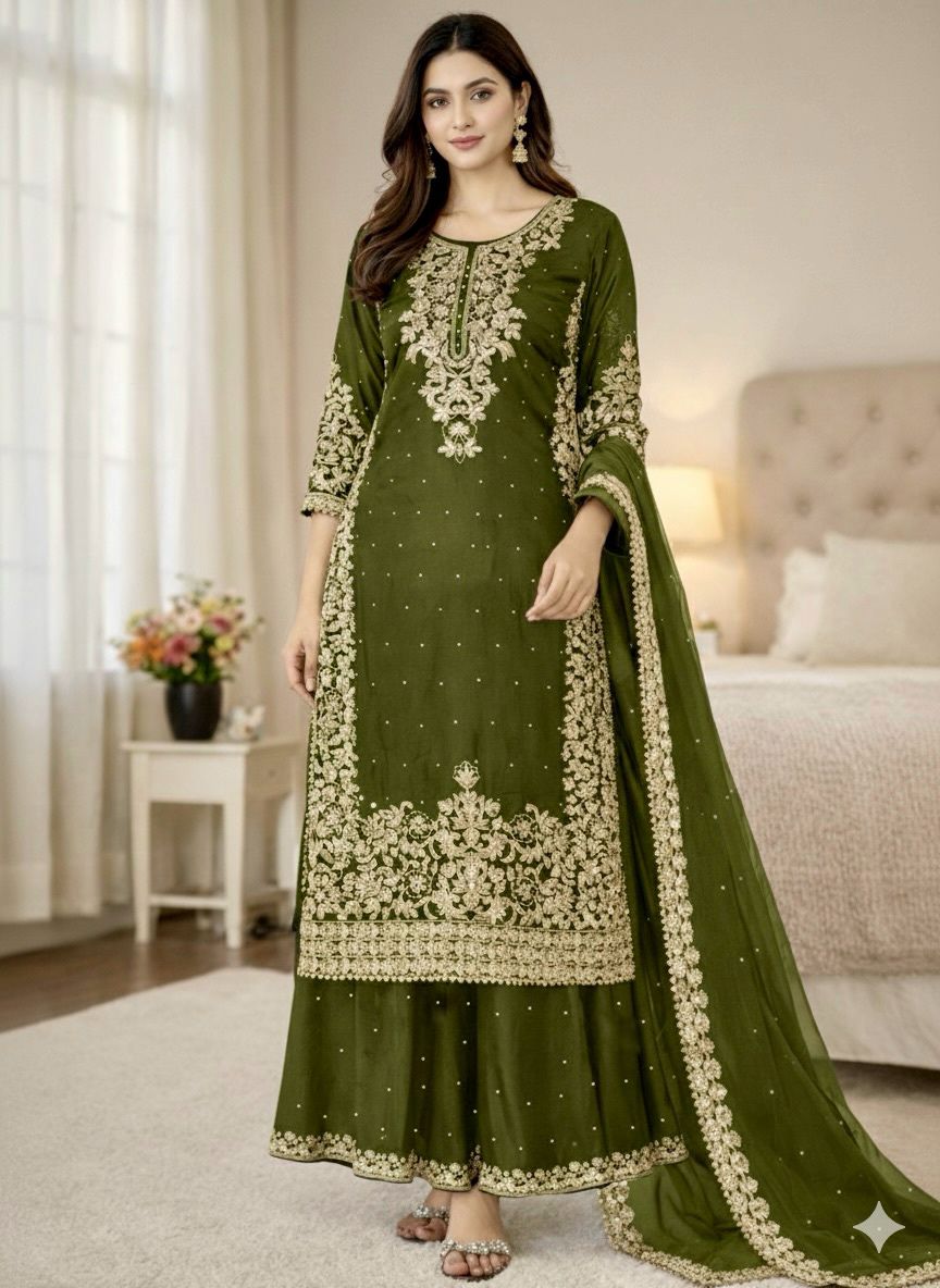 Mahendi Organza Silk Embroidery Work Salwar Suit