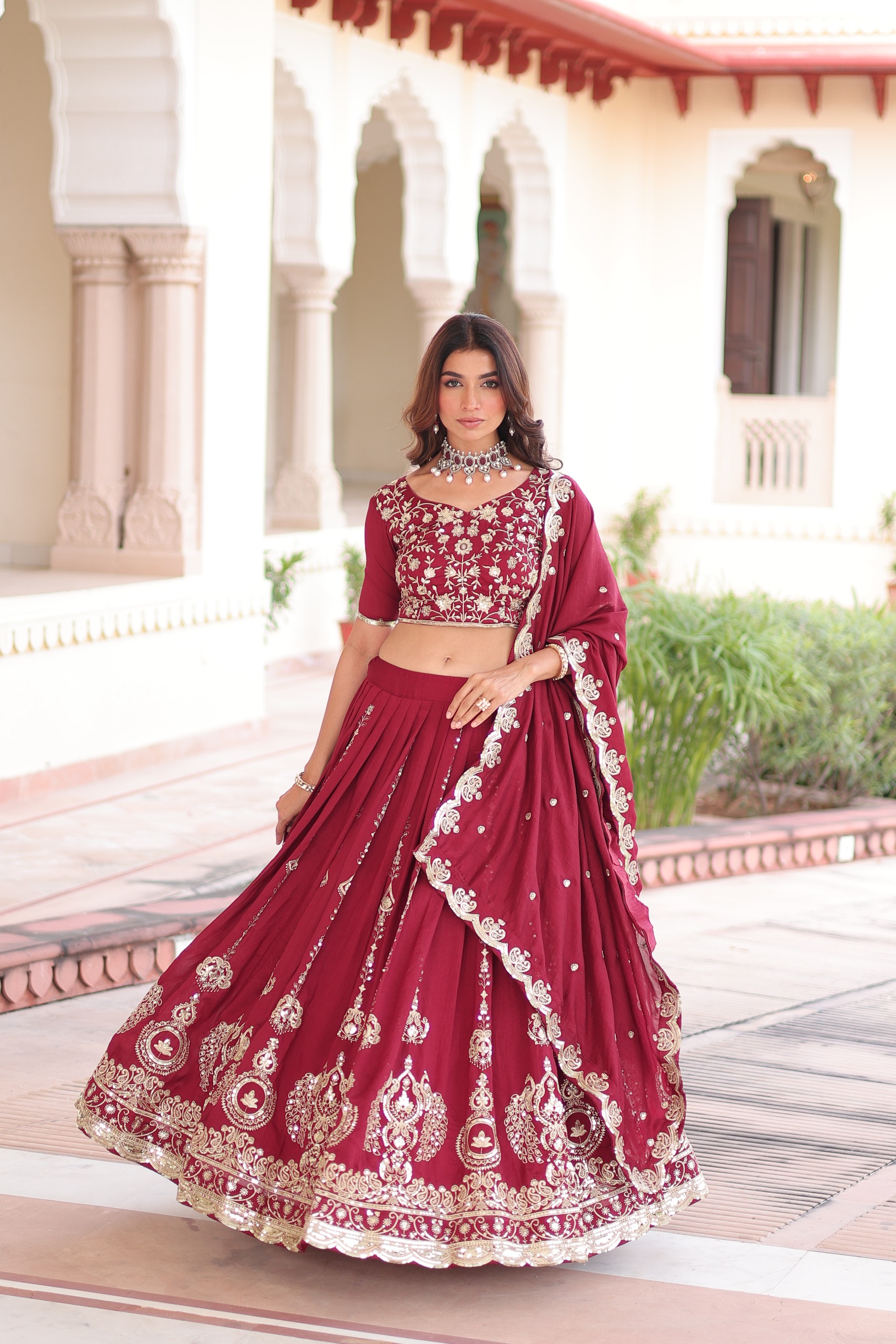Maroon Vichitra Silk With Sequins Work Lehenga Choli