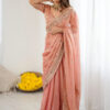 Peach Fandy Chiffon Embroidery Cut Work Saree