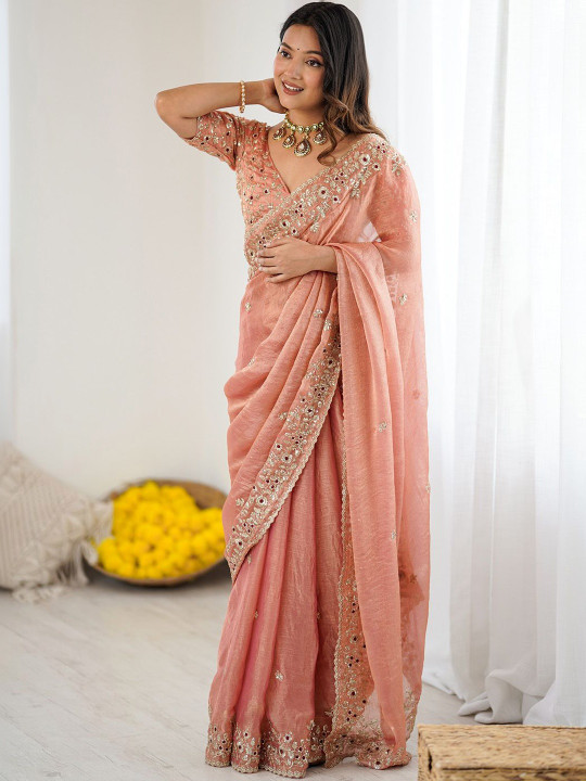 Peach Fandy Chiffon Embroidery Cut Work Saree