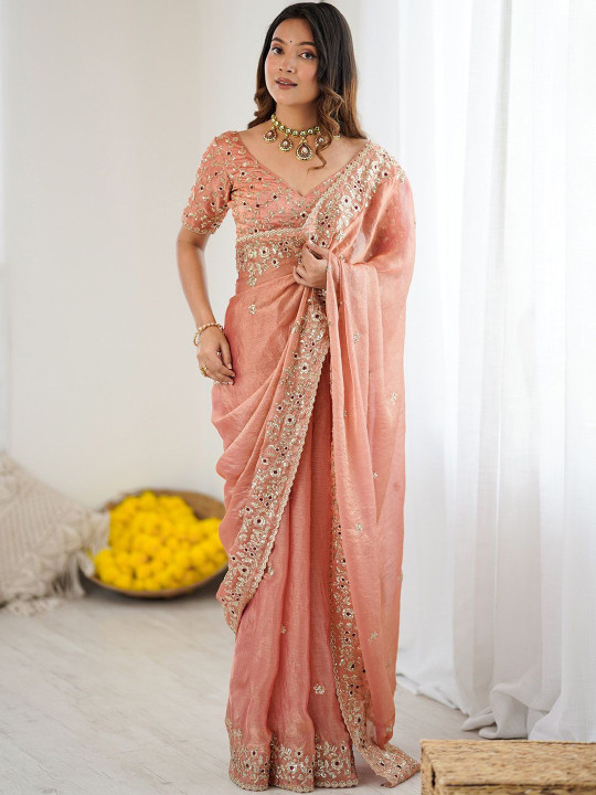 Peach Fandy Chiffon Embroidery Cut Work Saree - Image 2