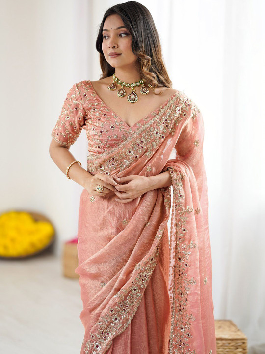 Peach Fandy Chiffon Embroidery Cut Work Saree - Image 4