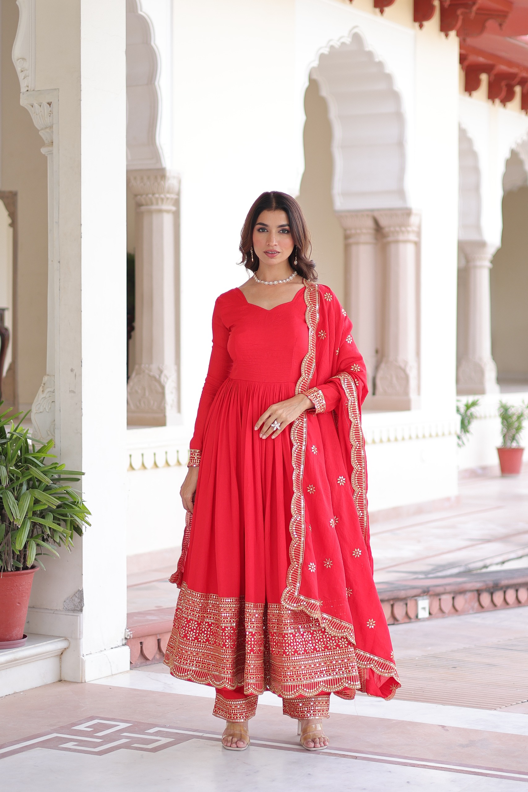 Red Vichitra Silk Embroidery Sequins Work Gown