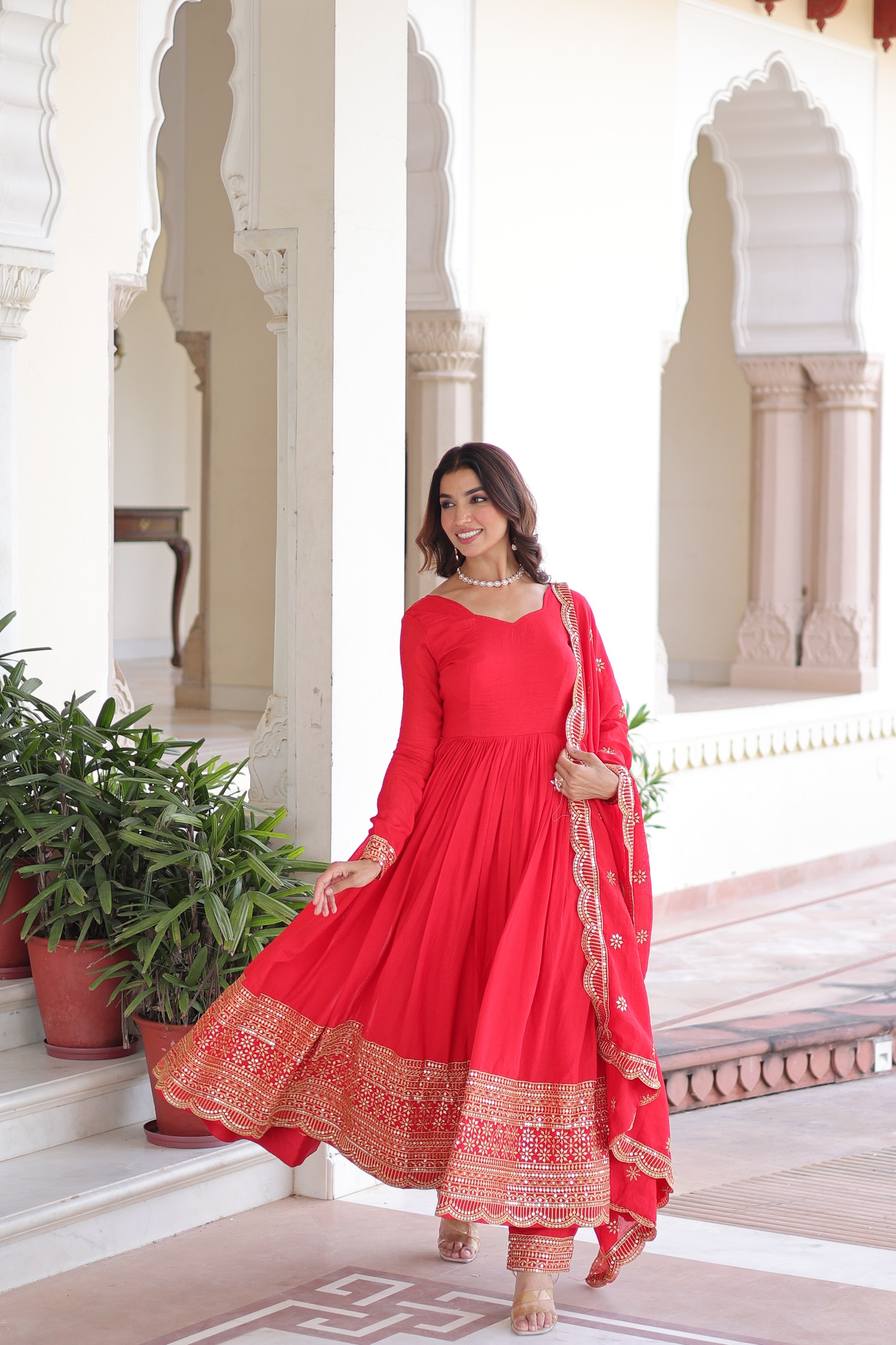 Red Vichitra Silk Embroidery Sequins Work Gown - Image 6