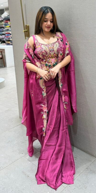 Rani Pink Rangoli Silk Embroidery Work Dhoti Suit