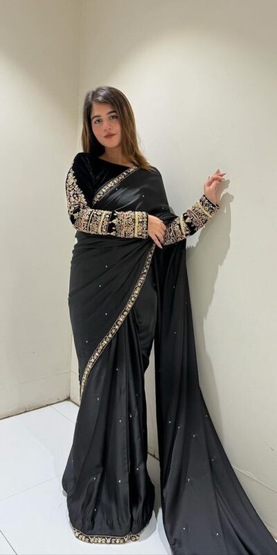 ST 403 Black in 9000 Velvet Embroidery Work & Lace Work Saree . Introductory Price ₹1999. Delivery 4-6 Working Days. Shop now. | Sarees, Bollywood Sarees, Creative Sarees, Designer Sarees, Embroidered Sarees, Ethnic Saree, Modern Digital sarees, Party Wear Sarees