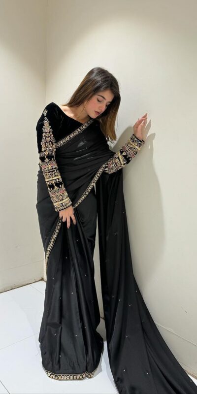 ST 403 Black in 9000 Velvet Embroidery Work & Lace Work Saree . Introductory Price ₹1999. Delivery 4-6 Working Days. Shop now. | Sarees, Bollywood Sarees, Creative Sarees, Designer Sarees, Embroidered Sarees, Ethnic Saree, Modern Digital sarees, Party Wear Sarees