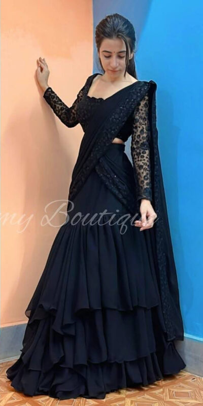 KF 1663 Black Faux Georgette Lehenga Choli with Embroidery Work & Sequins Work. Grab it for ₹2099. Delivery 4-6 Working Days. Shop now. | Lehenga, Bollywood Lehenga, Creative Lehenga, Designer Lehenga, Embroidered Lehenga, Party Wear Lehenga