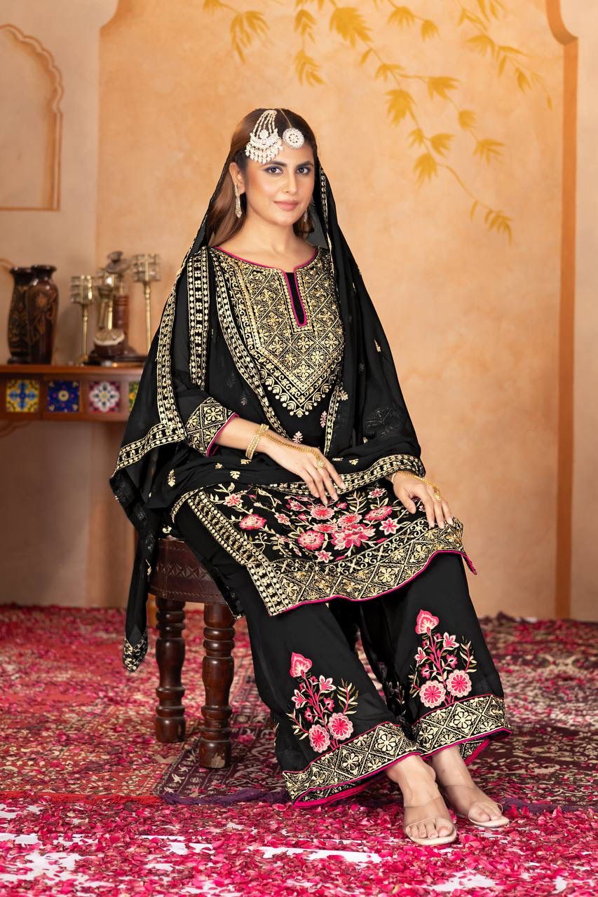 KF 1686 Black Faux Georgette Salwar Suit with Embroidery Work & Mirror Work. Exclusive Offer ₹2449. Delivery 4-6 Working Days. Shop now. | Jump Suits, Tops & Bottoms, Track Suits, Salwar suit, Casual Suits, Creative suits, Designer Suits, Palazzo Suits, Party Wear Suits, Patiala Suits, Straight Suits, Trendy Wear