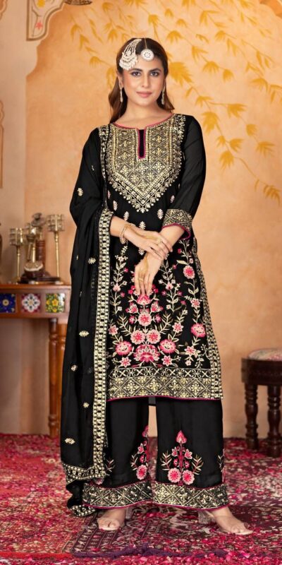 KF 1686 Black Faux Georgette Salwar Suit with Embroidery Work & Mirror Work. Exclusive Offer ₹2449. Delivery 4-6 Working Days. Shop now. | Jump Suits, Salwar suit, Casual Suits, Creative suits, Designer Suits, Palazzo Suits, Party Wear Suits, Patiala Suits, Straight Suits