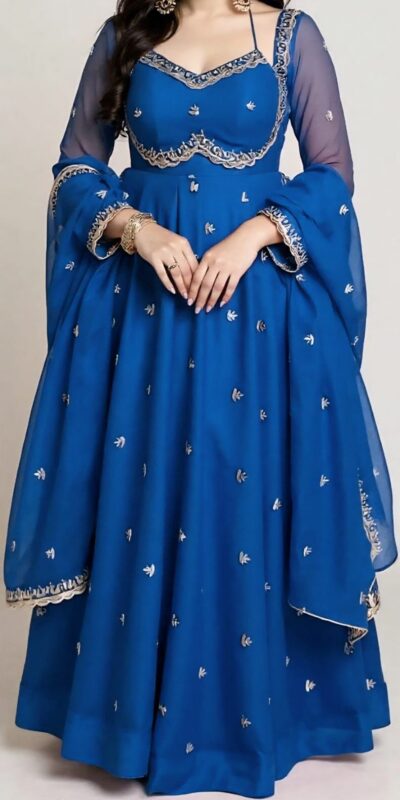 MF 1003 Blue Georgette Gown. Perfect for Wedding, Party, Pongal, Bridal Wear, Anniversary – Affordable Price ₹1799. Delivery 4-6 Working Days. Shop now. | Gowns, Bollywood Gowns, Creative Gowns, Designer Gowns, Embroidered Gowns, Party Wear Gowns