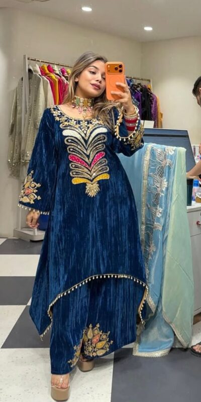 LG 2042 Blue Velvet Salwar Suit with Embroidery Work. Wedding, Party, Festive, Events, Festive Deal ₹1999. Delivery 4-6 Working Days. Shop now. | Jump Suits, Tops & Bottoms, Track Suits, Salwar suit, Casual Suits, Creative suits, Designer Suits, Palazzo Suits, Party Wear Suits, Patiala Suits, Straight Suits, Trendy Wear