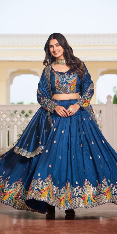 Ram 113 Blue Color Vichitra Lehenga Choli with Embroidery Work. Exclusive Offer ₹3099. Delivery 4-6 Working Days. Shop now. | Lehenga, Bollywood Lehenga, Creative Lehenga, Designer Lehenga, Embroidered Lehenga, Party Wear Lehenga