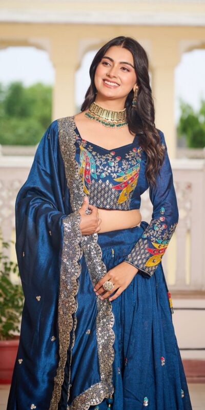 Ram 113 Blue Color Vichitra Lehenga Choli with Embroidery Work. Exclusive Offer ₹3099. Delivery 4-6 Working Days. Shop now. | Lehenga, Bollywood Lehenga, Creative Lehenga, Designer Lehenga, Embroidered Lehenga, Party Wear Lehenga