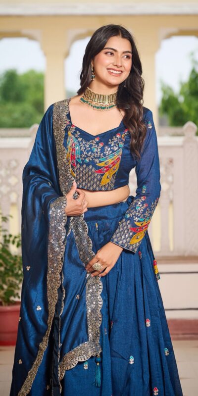 Ram 113 Blue Color Vichitra Lehenga Choli with Embroidery Work. Exclusive Offer ₹3099. Delivery 4-6 Working Days. Shop now. | Lehenga, Bollywood Lehenga, Creative Lehenga, Designer Lehenga, Embroidered Lehenga, Party Wear Lehenga