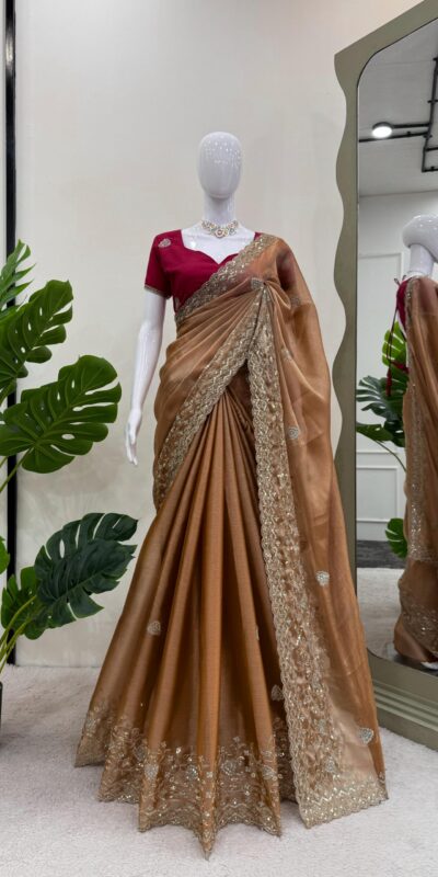 KD 566 Brown Burberry Silk Sequence work Saree with Designer Work. Special Price ₹1949. Delivery 4-6 Working Days. Shop now. | Sarees, Bollywood Sarees, Creative Sarees, Designer Sarees, Embroidered Sarees, Ethnic Saree, Modern Digital sarees, Party Wear Sarees