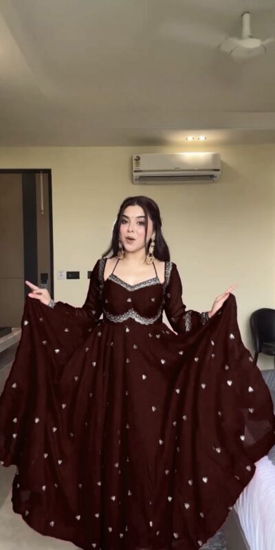 RTC 5924 Brown Georgette Thread With Sequence Gown Perfect for Wedding, Party, Reception, Holi, Eid . Available at ₹1999 only. Delivery 4-6 Working Days. | Gowns, Bollywood Gowns, Creative Gowns, Designer Gowns, Embroidered Gowns, Party Wear Gowns