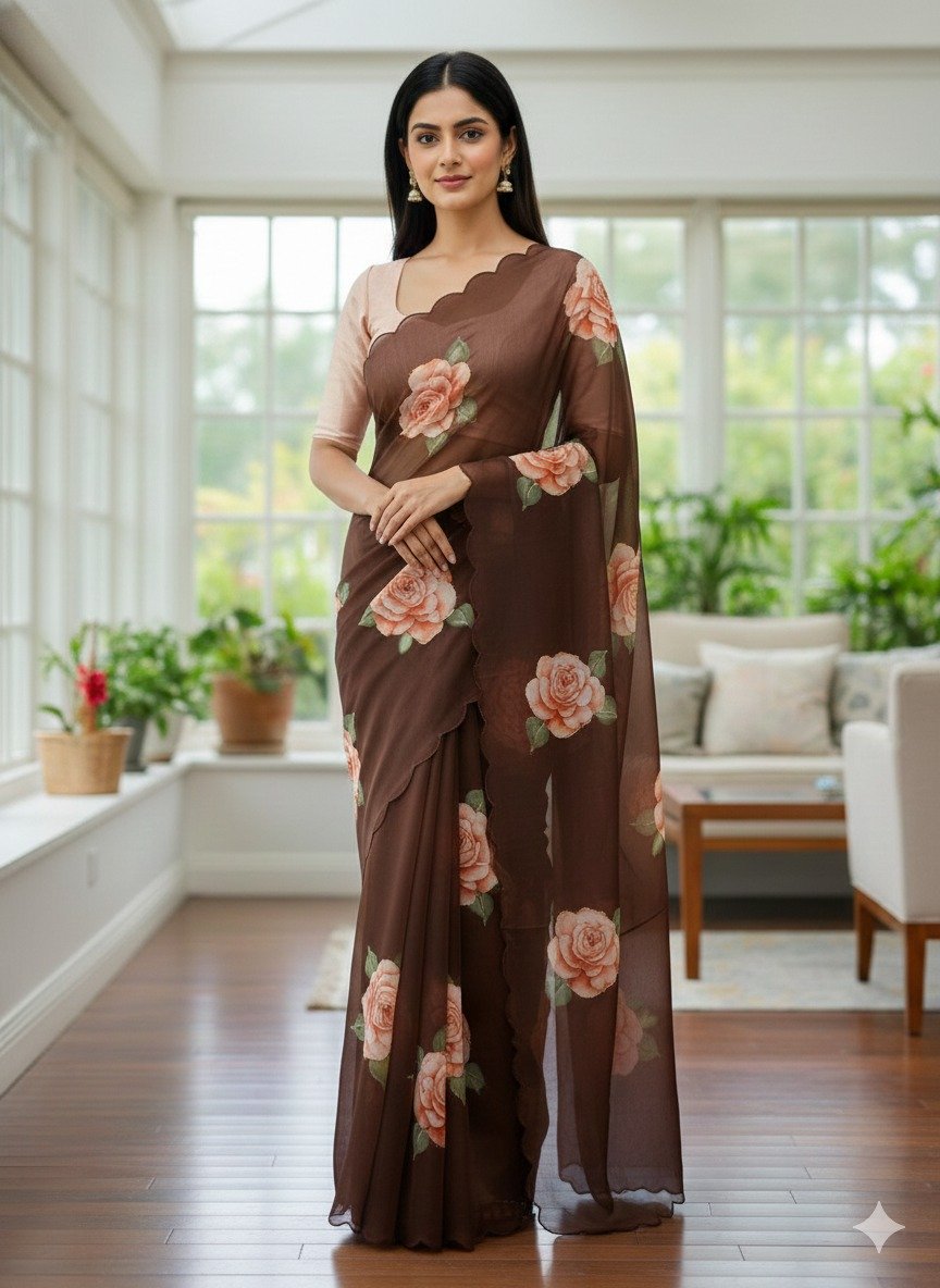 BT 412 Brown TB Organza Saree with Digital Print. Wedding, Party, Festive, Events, Navratri Garba, Special Price ₹1649. Delivery 4-6 Working Days. Shop now. | Sarees, Bollywood Sarees, Creative Sarees, Designer Sarees, Embroidered Sarees, Ethnic Saree, Modern Digital sarees, Party Wear Sarees