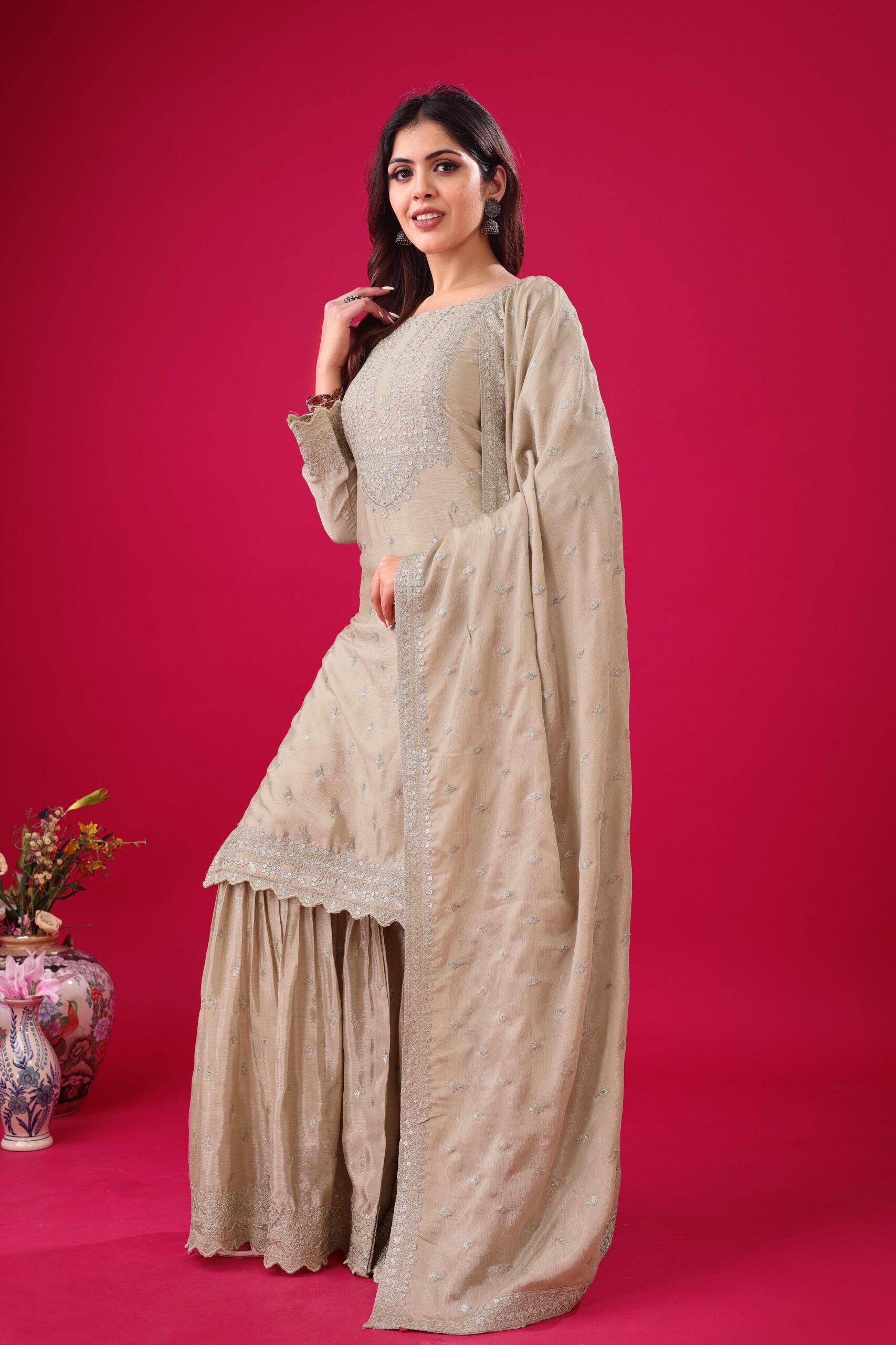 ZF 5006 Cream Color Chinon Silk Sequence Work Salwar Suit Casual, Wedding, Festive, Events . Expected Delivery 4-6 Working Days @2149/- only | Jump Suits, Salwar suit, Casual Suits, Creative suits, Designer Suits, Palazzo Suits, Party Wear Suits, Patiala Suits, Straight Suits