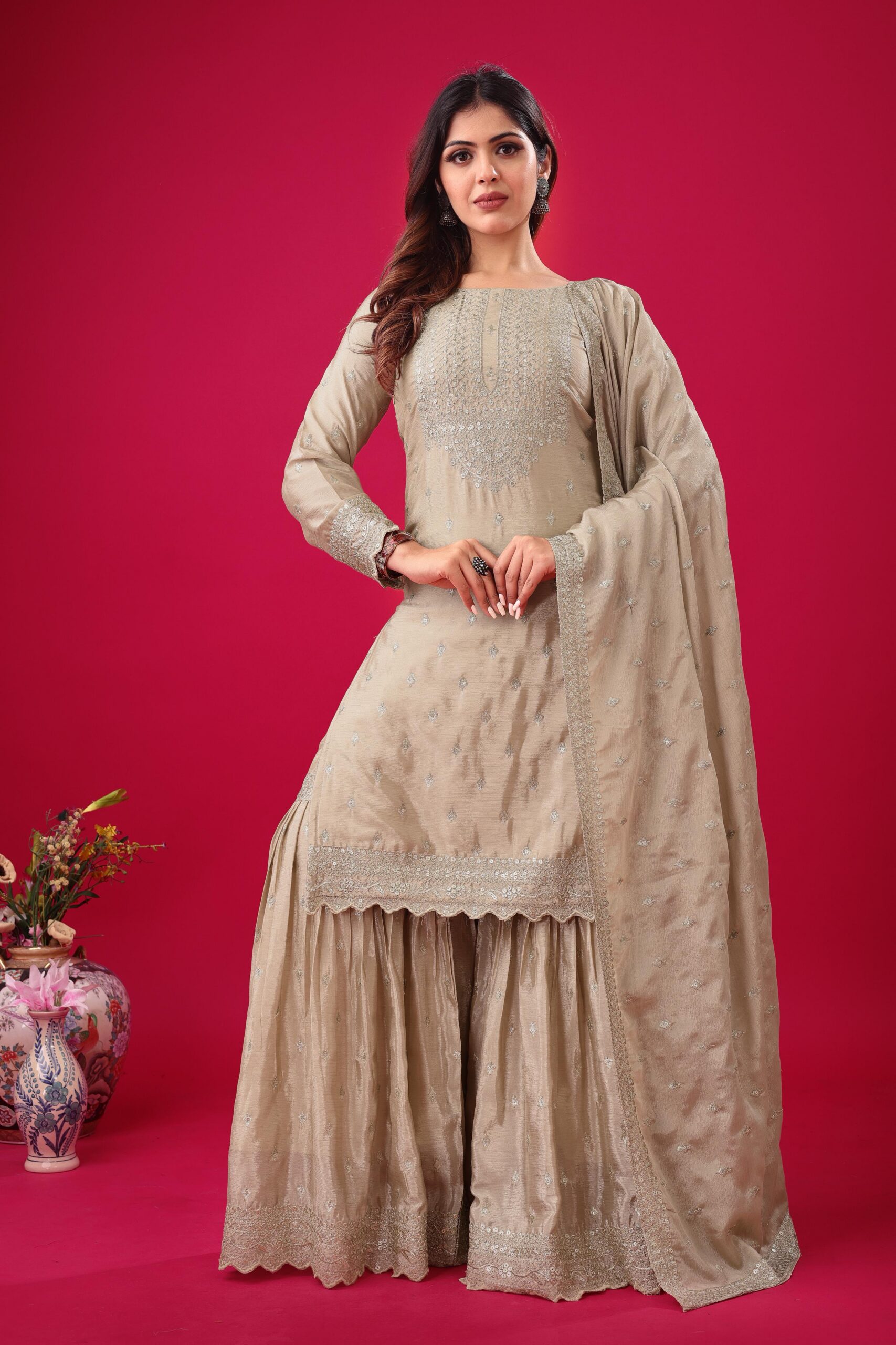 ZF 5006 Cream Color Chinon Silk Sequence Work Salwar Suit Casual, Wedding, Festive, Events . Expected Delivery 4-6 Working Days @2149/- only | Jump Suits, Salwar suit, Casual Suits, Creative suits, Designer Suits, Palazzo Suits, Party Wear Suits, Patiala Suits, Straight Suits