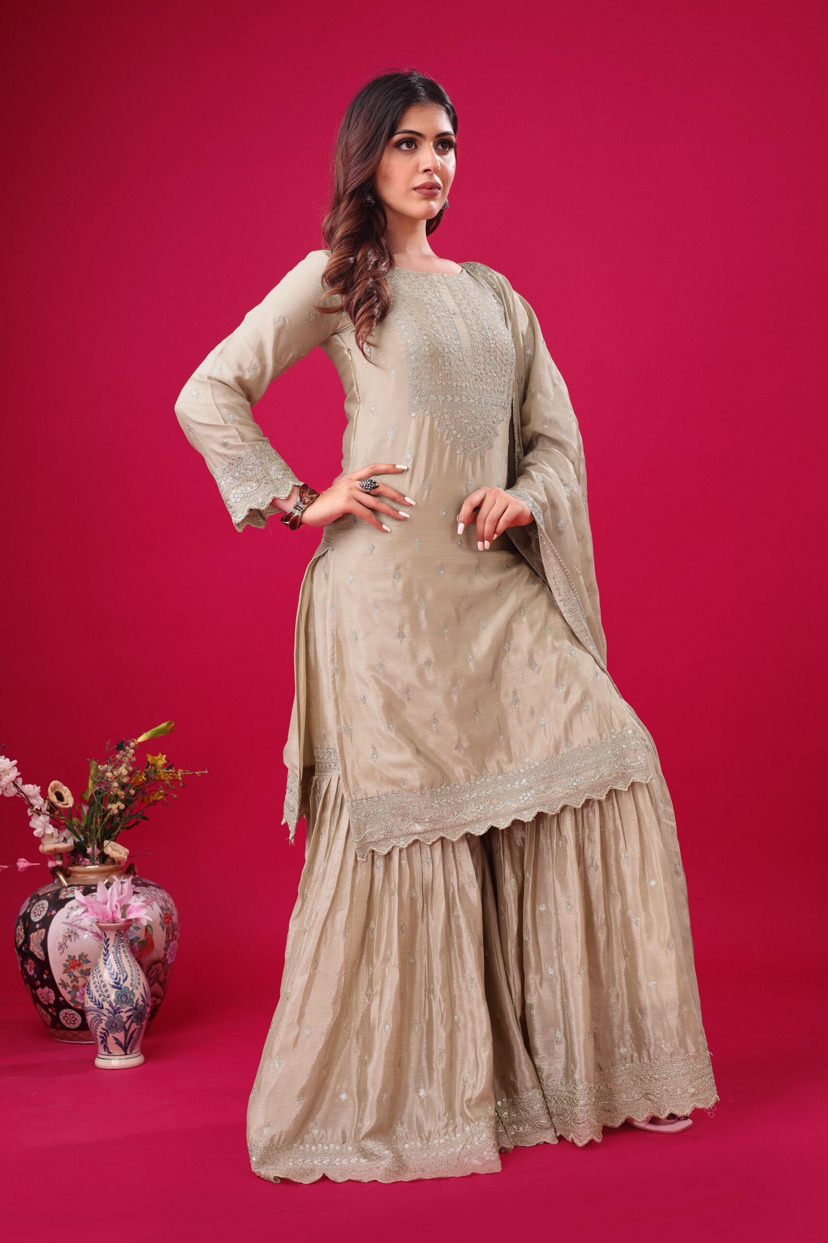 ZF 5006 Cream Color Chinon Silk Sequence Work Salwar Suit Casual, Wedding, Festive, Events . Expected Delivery 4-6 Working Days @2149/- only | Jump Suits, Salwar suit, Casual Suits, Creative suits, Designer Suits, Palazzo Suits, Party Wear Suits, Patiala Suits, Straight Suits