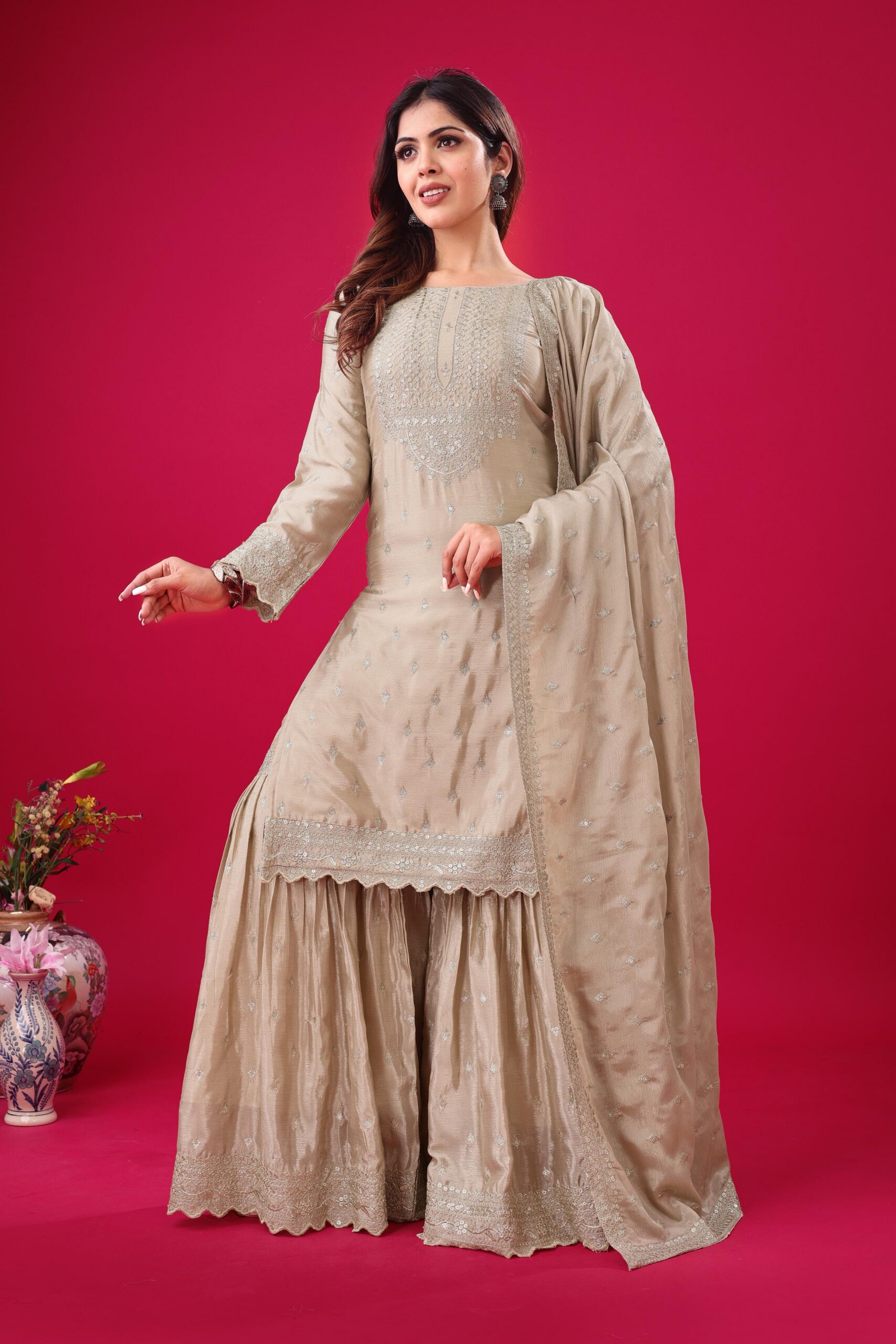 ZF 5006 Cream Color Chinon Silk Sequence Work Salwar Suit Casual, Wedding, Festive, Events . Expected Delivery 4-6 Working Days @2149/- only | Jump Suits, Salwar suit, Casual Suits, Creative suits, Designer Suits, Palazzo Suits, Party Wear Suits, Patiala Suits, Straight Suits
