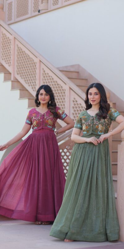 KA 1170 Dark Pista Color Silver Crunchy Gown with Embroidery Work. Introductory Price ₹1799. Delivery 4-6 Working Days. Shop now. | Gowns, Bollywood Gowns, Creative Gowns, Designer Gowns, Embroidered Gowns, Party Wear Gowns