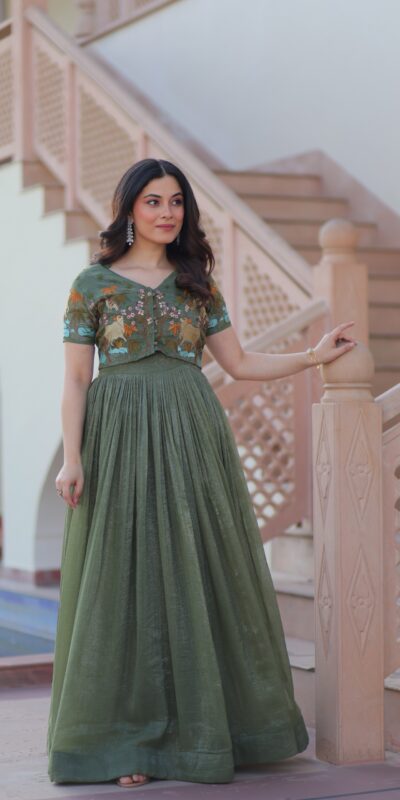 KA 1170 Dark Pista Color Silver Crunchy Gown with Embroidery Work. Introductory Price ₹1799. Delivery 4-6 Working Days. Shop now. | Gowns, Bollywood Gowns, Creative Gowns, Designer Gowns, Embroidered Gowns, Party Wear Gowns