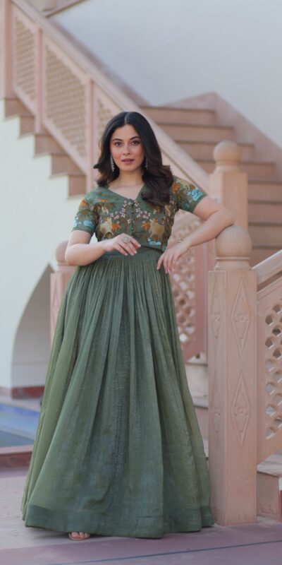 KA 1170 Dark Pista Color Silver Crunchy Gown with Embroidery Work. Introductory Price ₹1799. Delivery 4-6 Working Days. Shop now. | Gowns, Bollywood Gowns, Creative Gowns, Designer Gowns, Embroidered Gowns, Party Wear Gowns